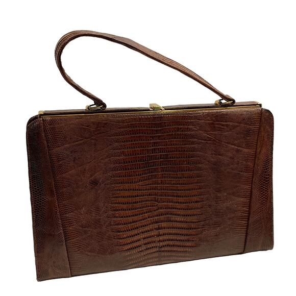 50s 60s Large Escort Top Handle Lizard Bag | Brown | Vintage Frame Bag - Picture 3 of 10